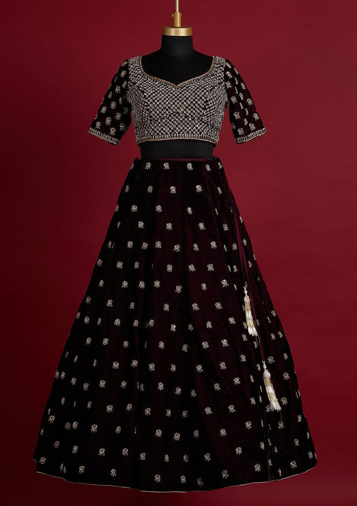 Wine Zardosi Velvet Designer Lehenga - koskii
