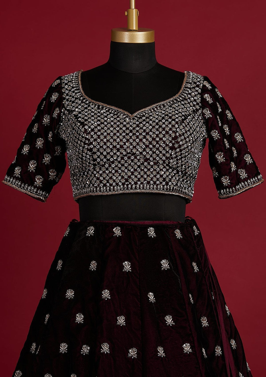 Wine Zardosi Velvet Designer Lehenga - koskii