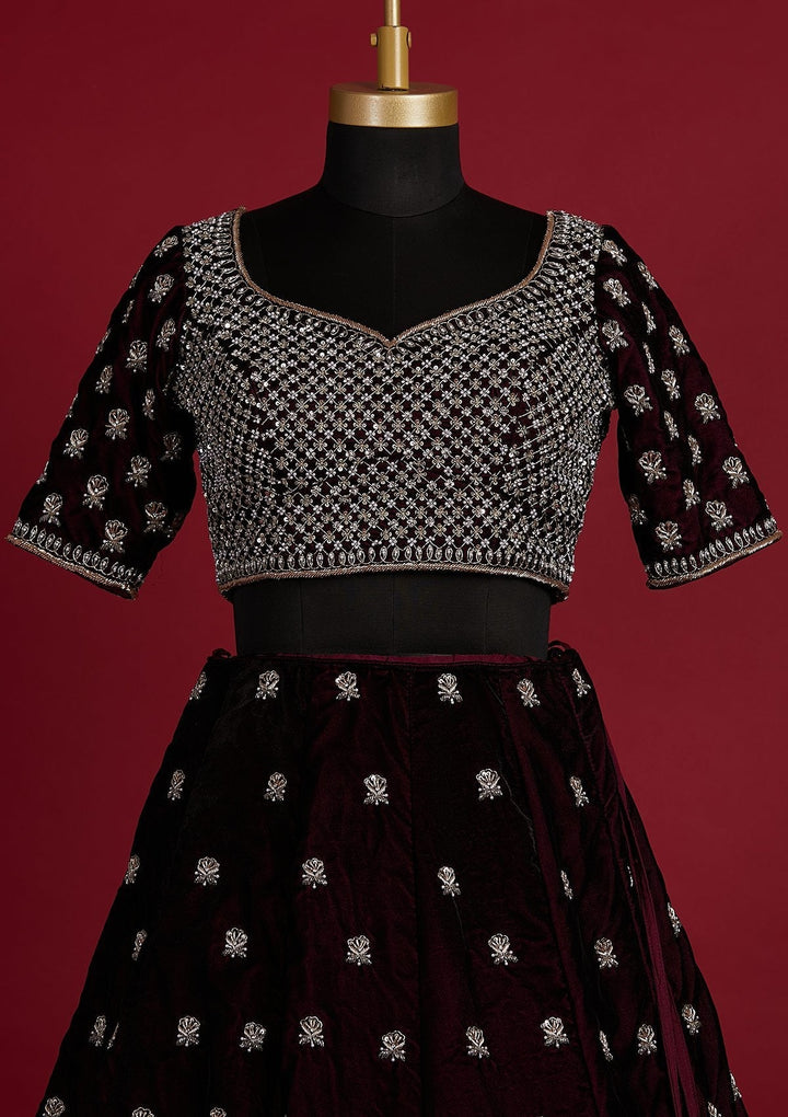 Wine Zardosi Velvet Designer Lehenga - koskii