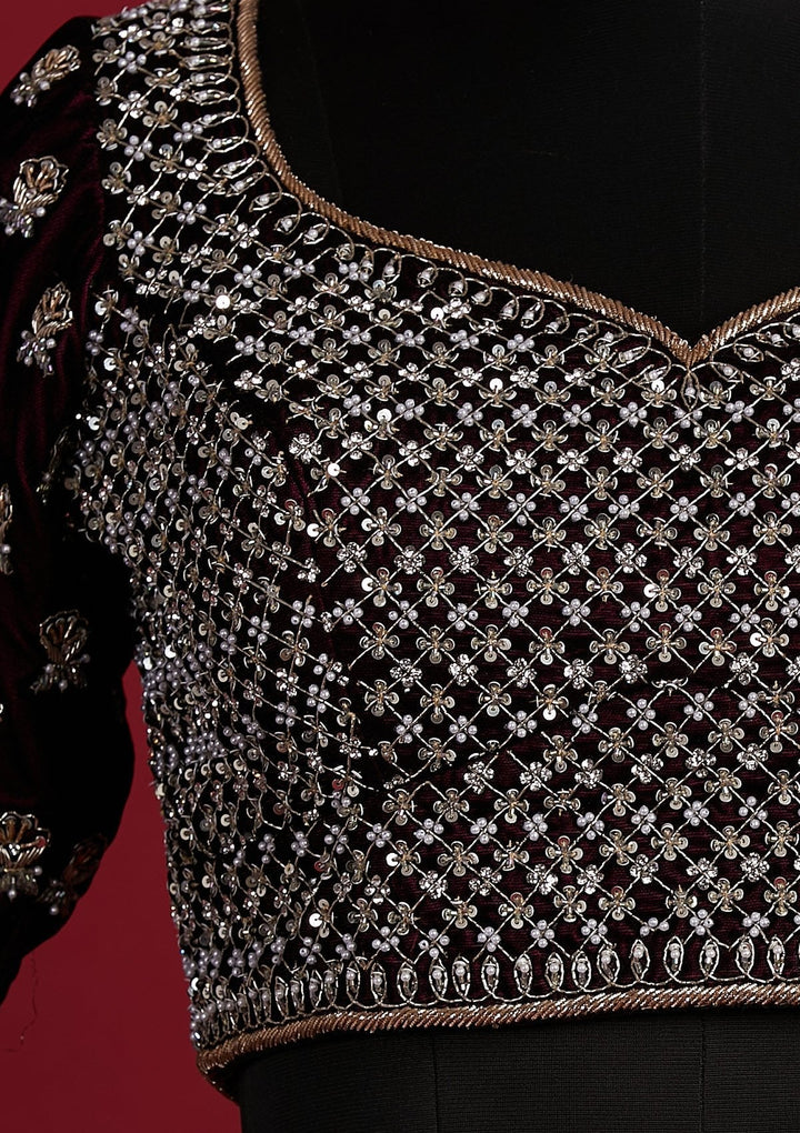 Wine Zardosi Velvet Designer Lehenga - koskii