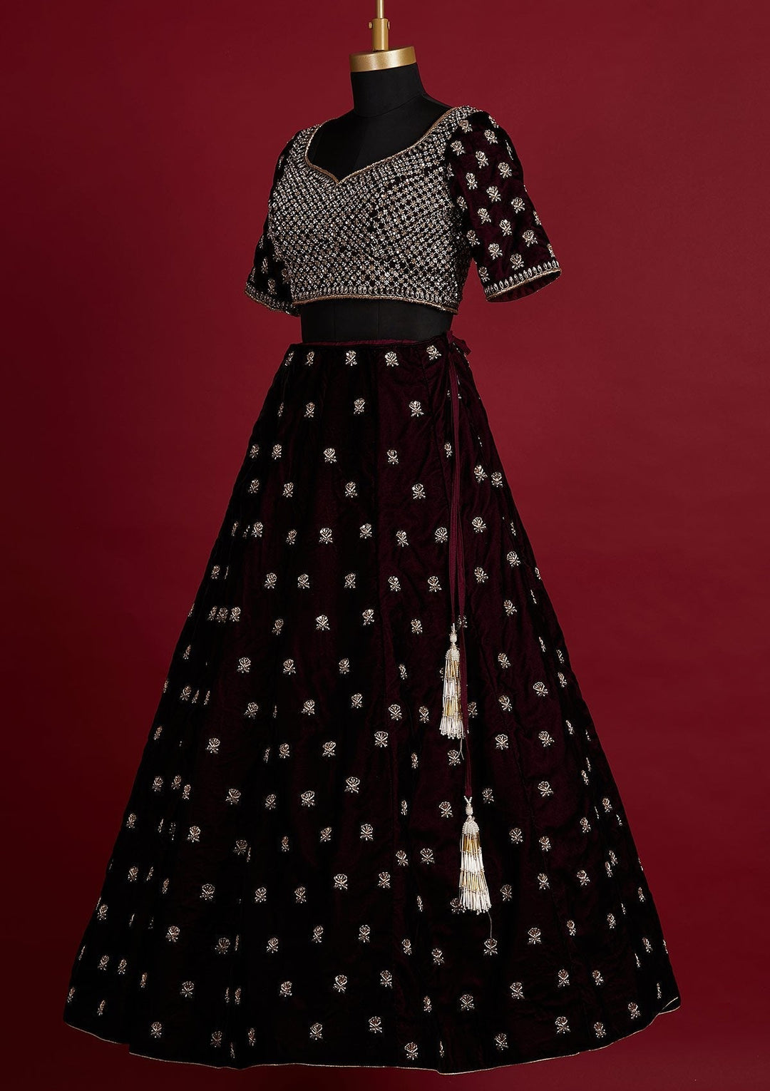 Wine Zardosi Velvet Designer Lehenga - koskii