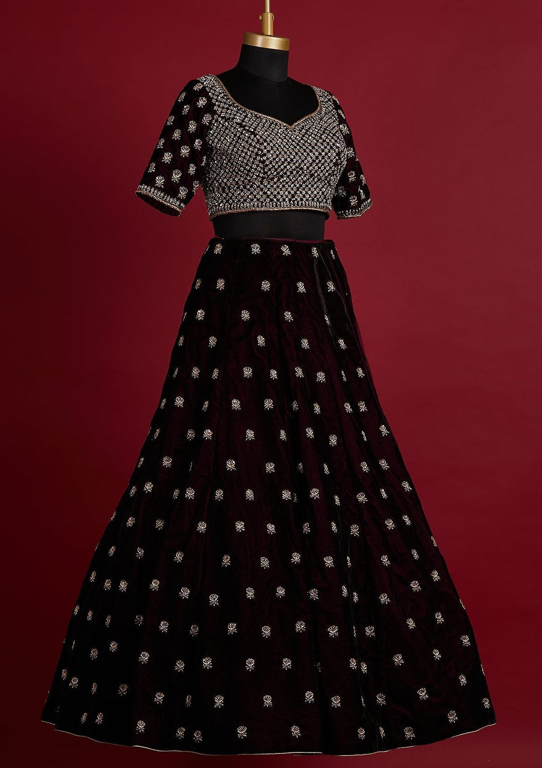 Wine Zardosi Velvet Designer Lehenga - koskii
