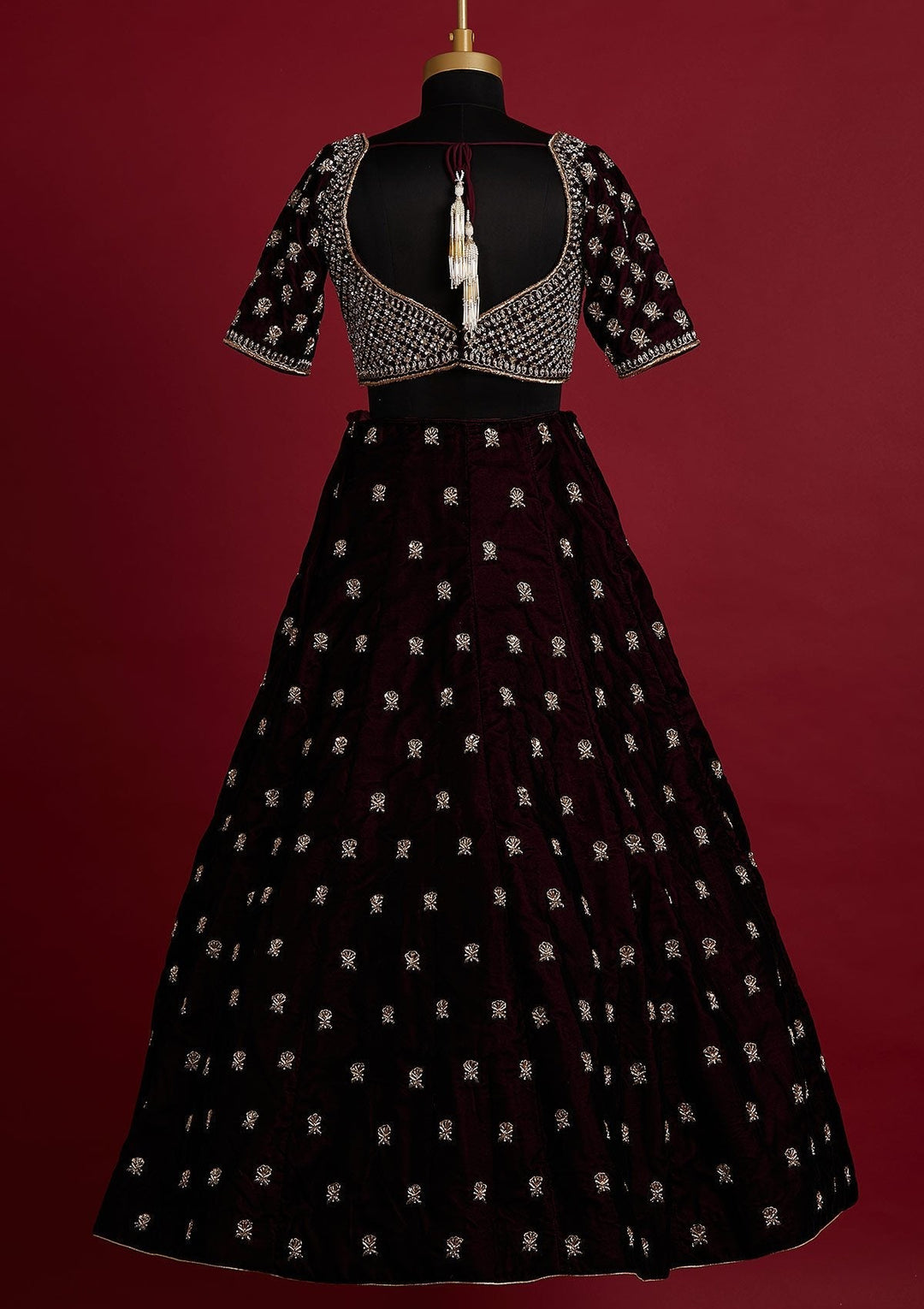 Wine Zardosi Velvet Designer Lehenga - koskii