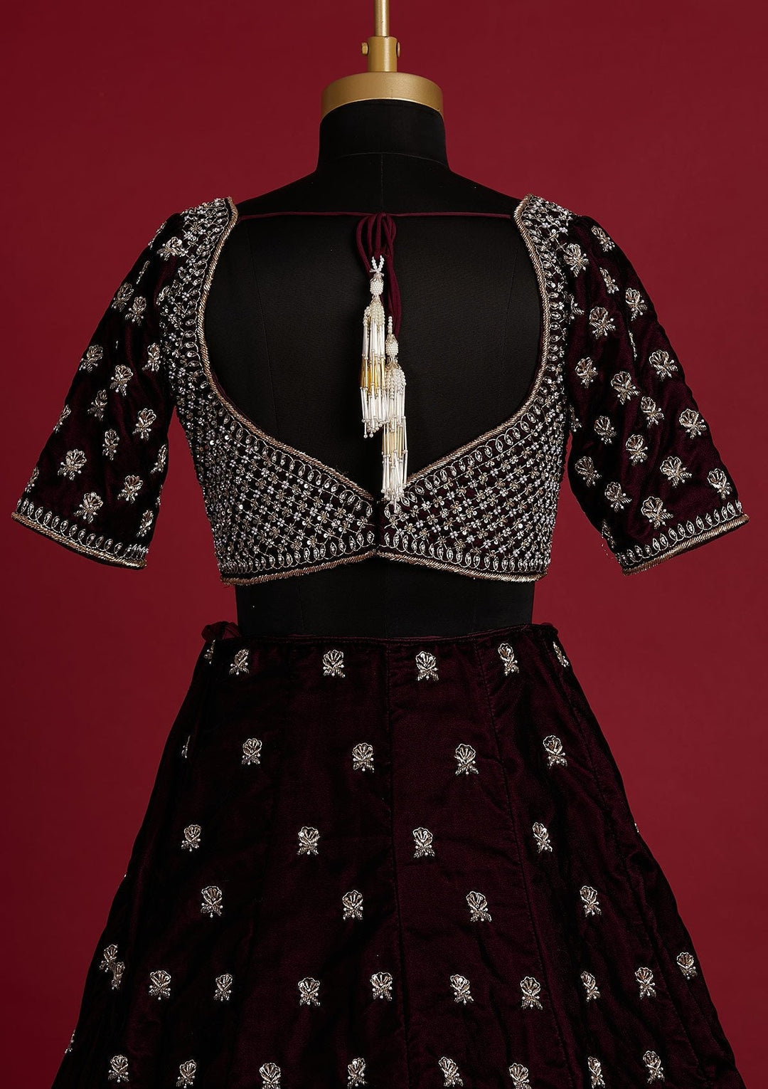 Wine Zardosi Velvet Designer Lehenga - koskii
