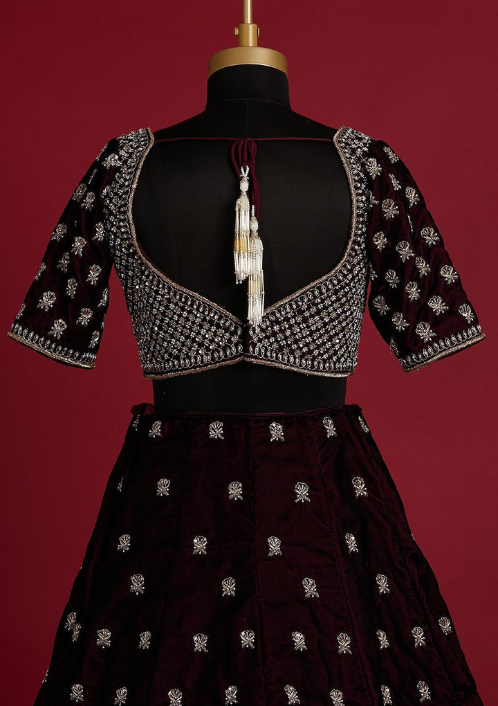 Wine Zardosi Velvet Designer Lehenga - koskii