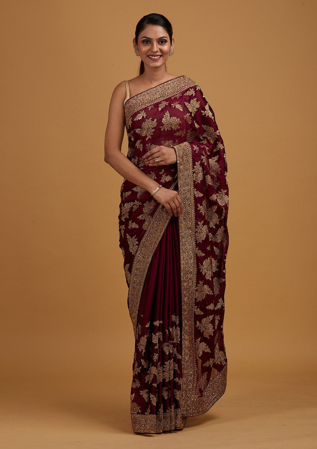 Wine Zariwork Art Silk Designer Saree - Koskii