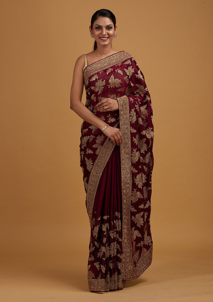 Wine Zariwork Art Silk Designer Saree - Koskii