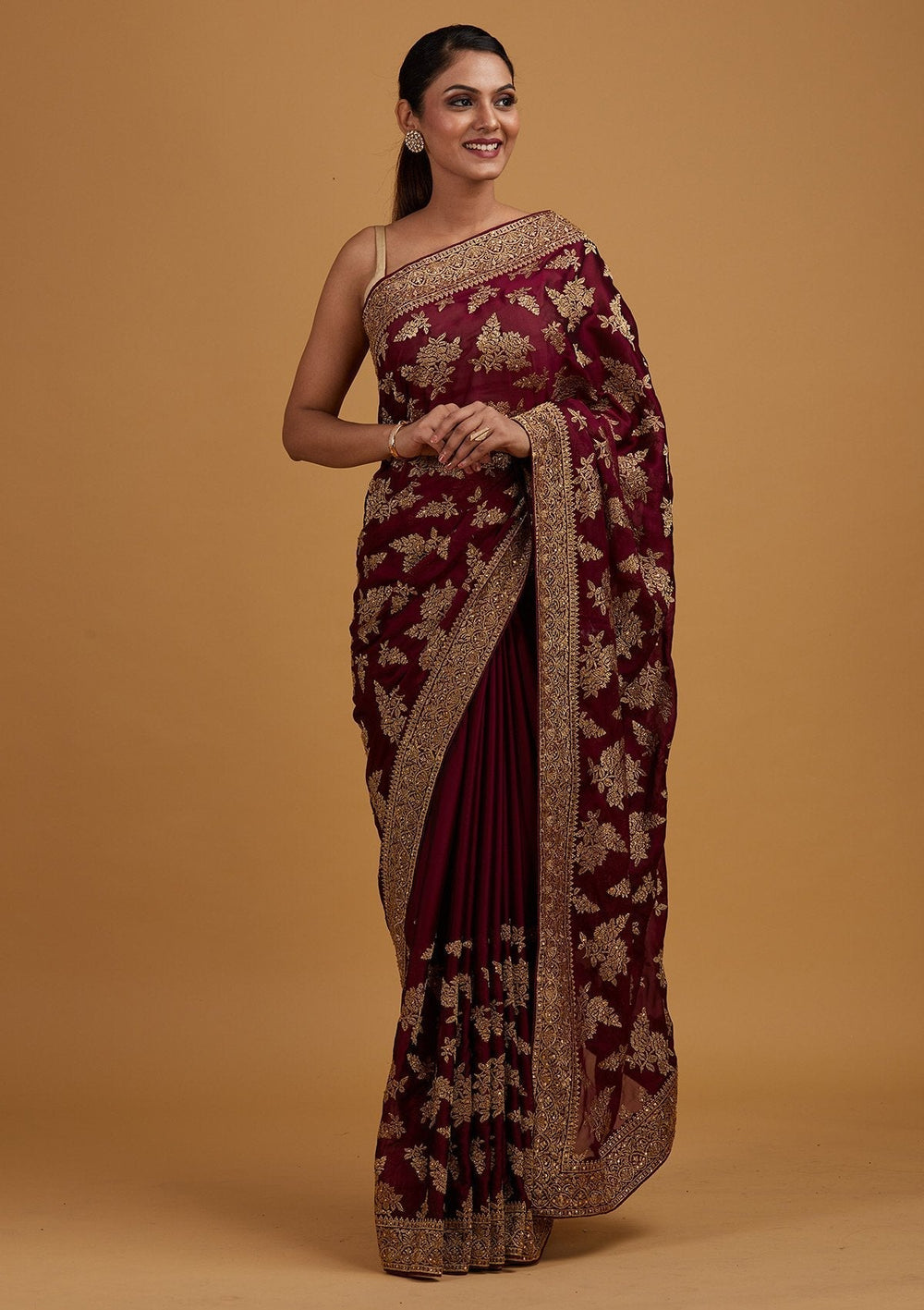 Wine Zariwork Art Silk Designer Saree - Koskii
