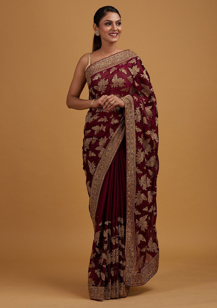 Wine Zariwork Art Silk Designer Saree - Koskii