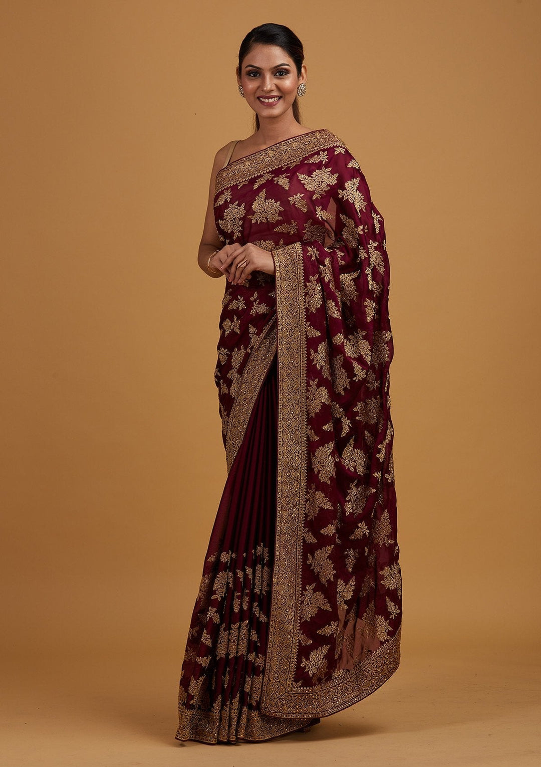 Wine Zariwork Art Silk Designer Saree - Koskii