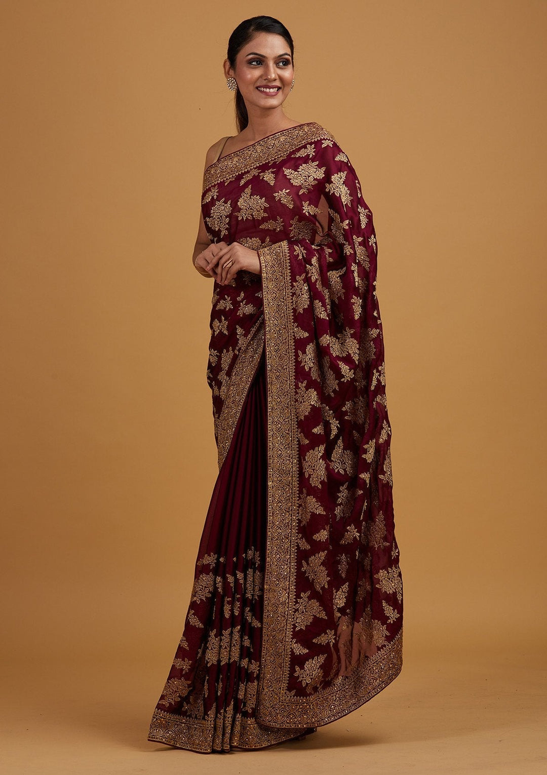 Wine Zariwork Art Silk Designer Saree - Koskii