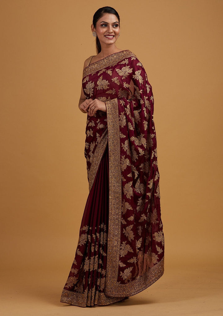 Wine Zariwork Art Silk Designer Saree - Koskii