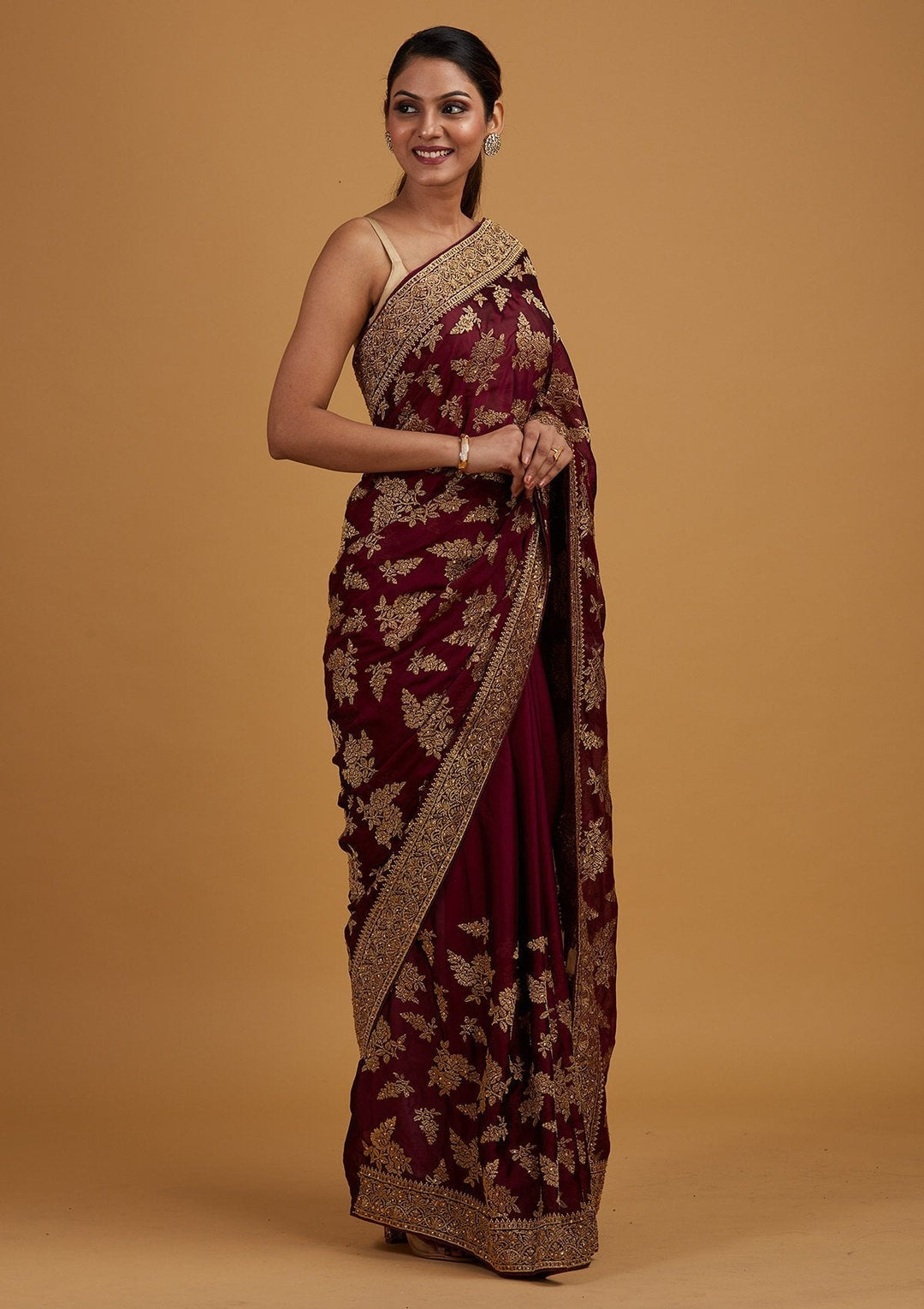 Wine Zariwork Art Silk Designer Saree - Koskii
