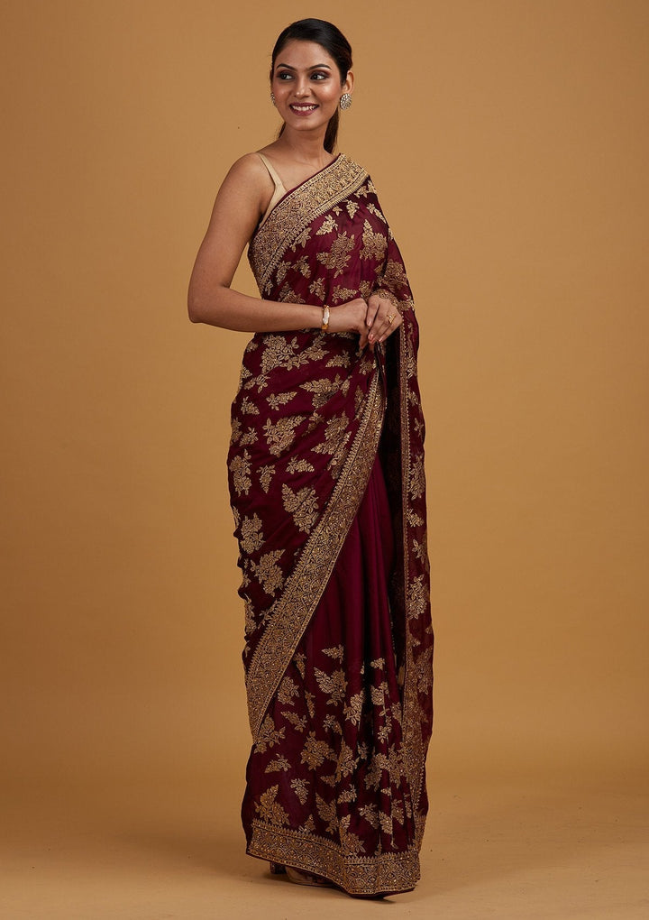 Wine Zariwork Art Silk Designer Saree - Koskii