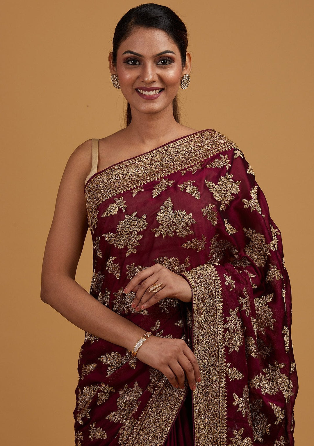 Wine Zariwork Art Silk Designer Saree - Koskii