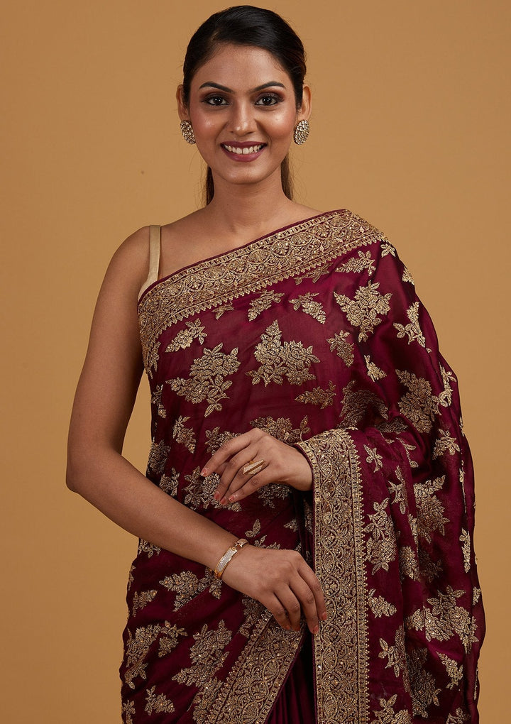 Wine Zariwork Art Silk Designer Saree - Koskii