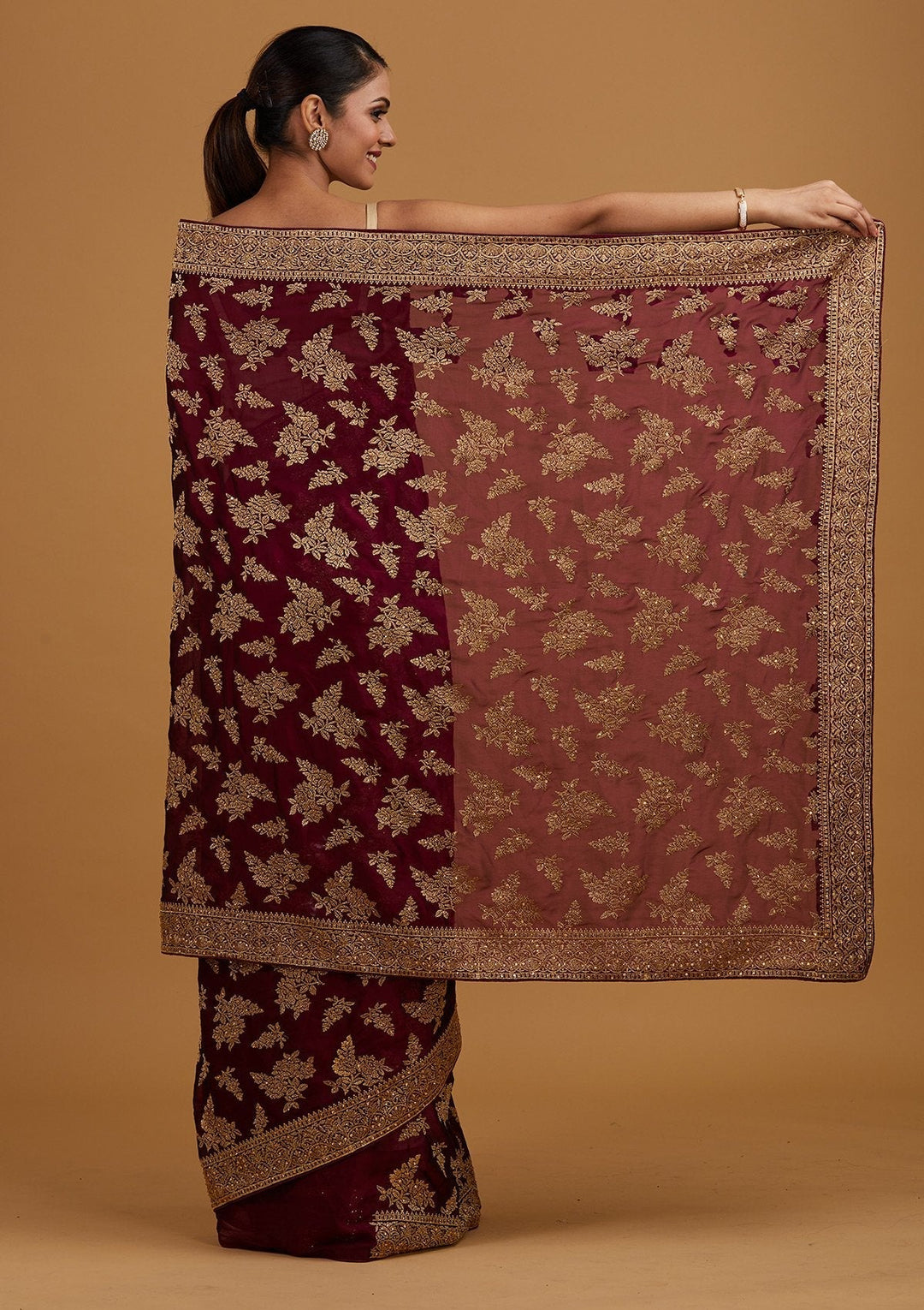 Wine Zariwork Art Silk Designer Saree - Koskii