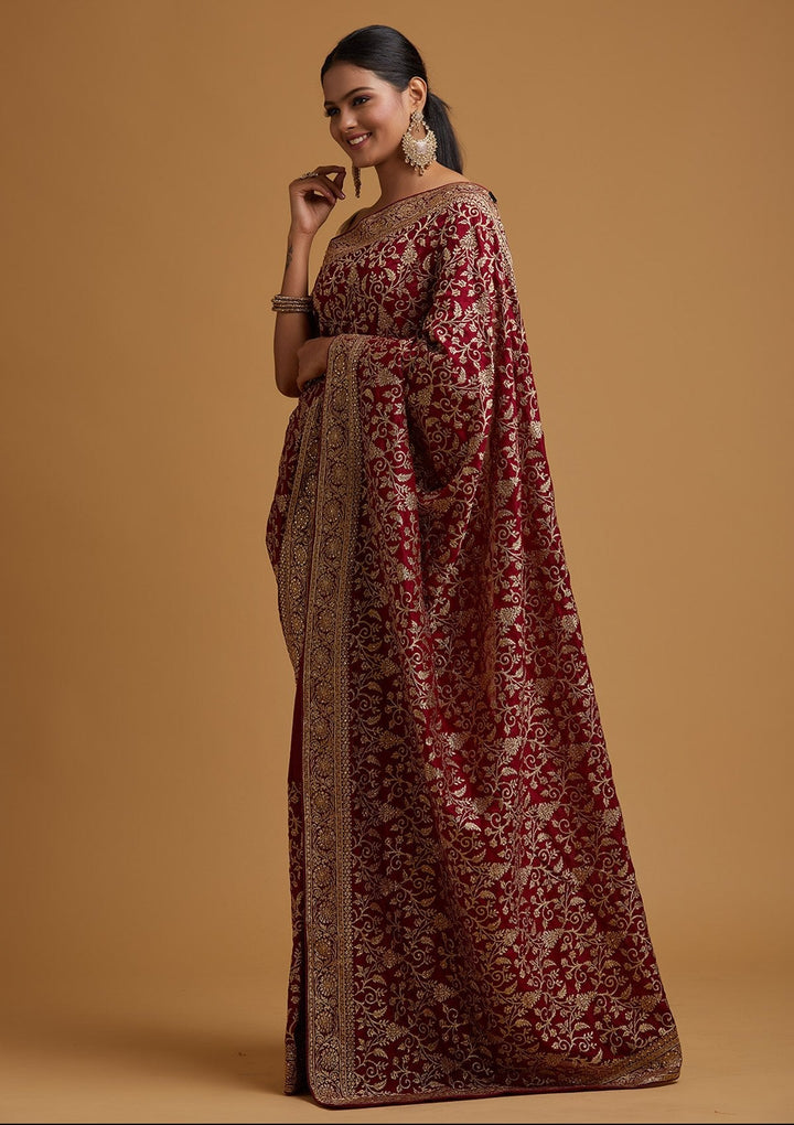 Wine Zariwork Art Silk Designer Saree - koskii
