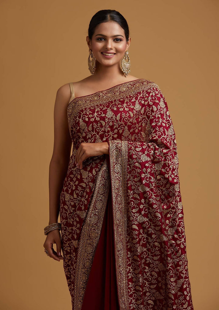 Wine Zariwork Art Silk Designer Saree - koskii
