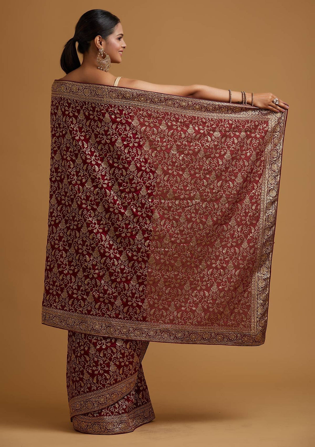 Wine Zariwork Art Silk Designer Saree - koskii