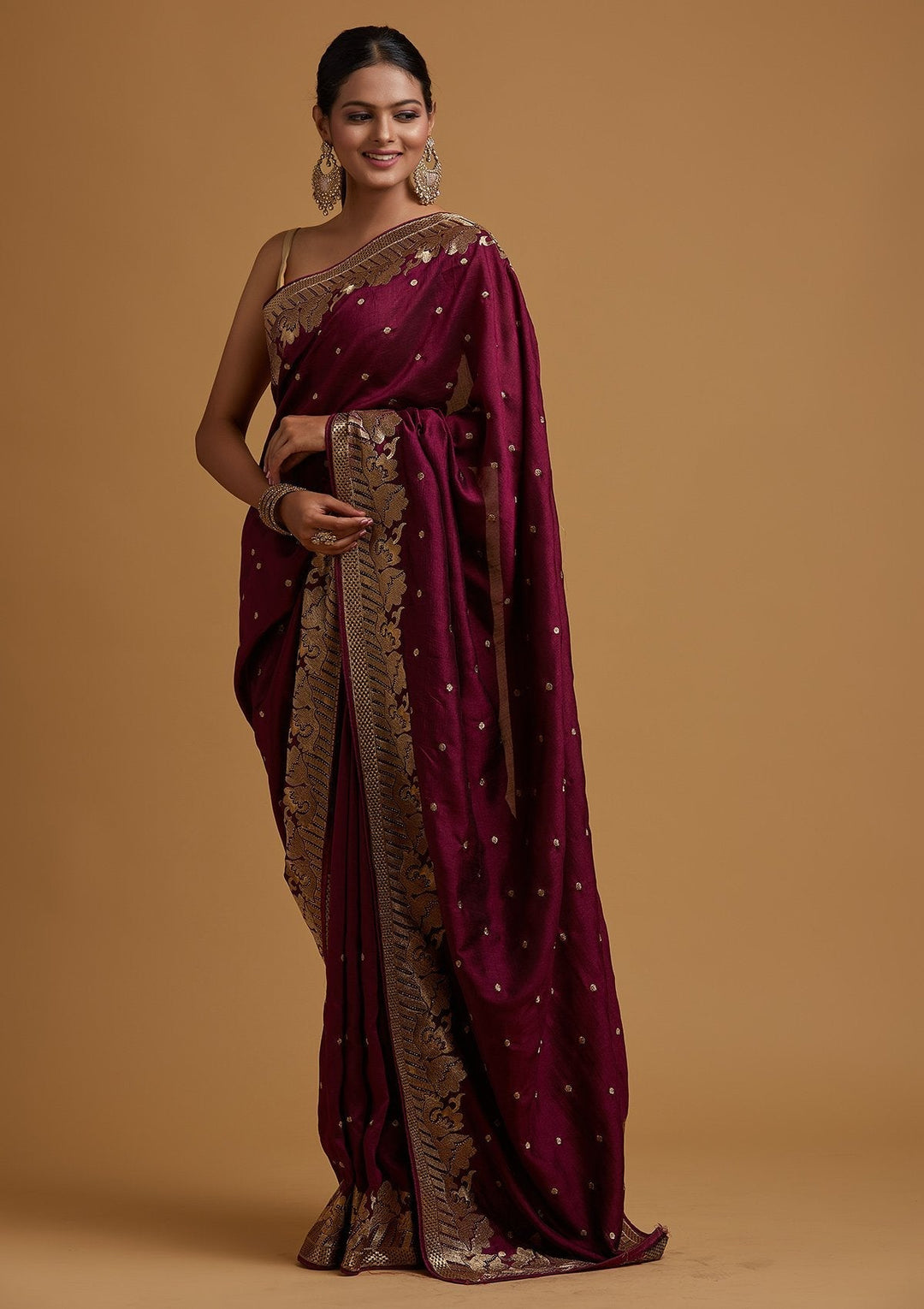 Wine Zariwork Art Silk Designer Saree - koskii