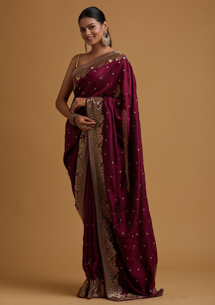 Wine Zariwork Art Silk Designer Saree - koskii