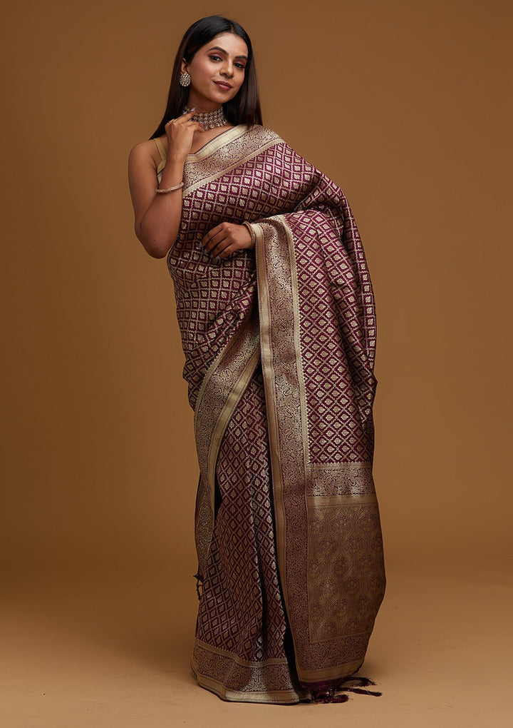 Wine Zariwork Art Silk Designer Saree - Koskii