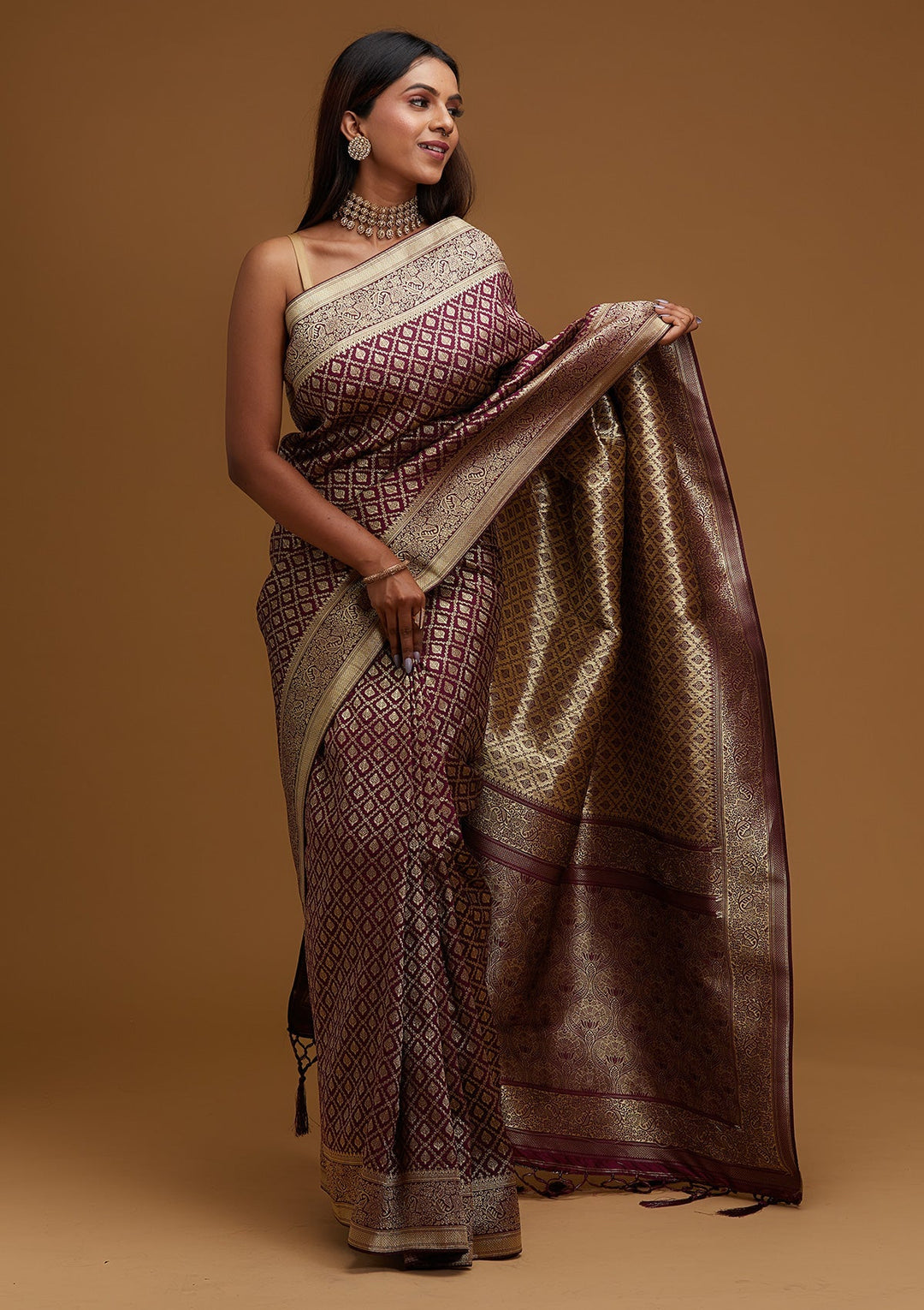 Wine Zariwork Art Silk Designer Saree - Koskii