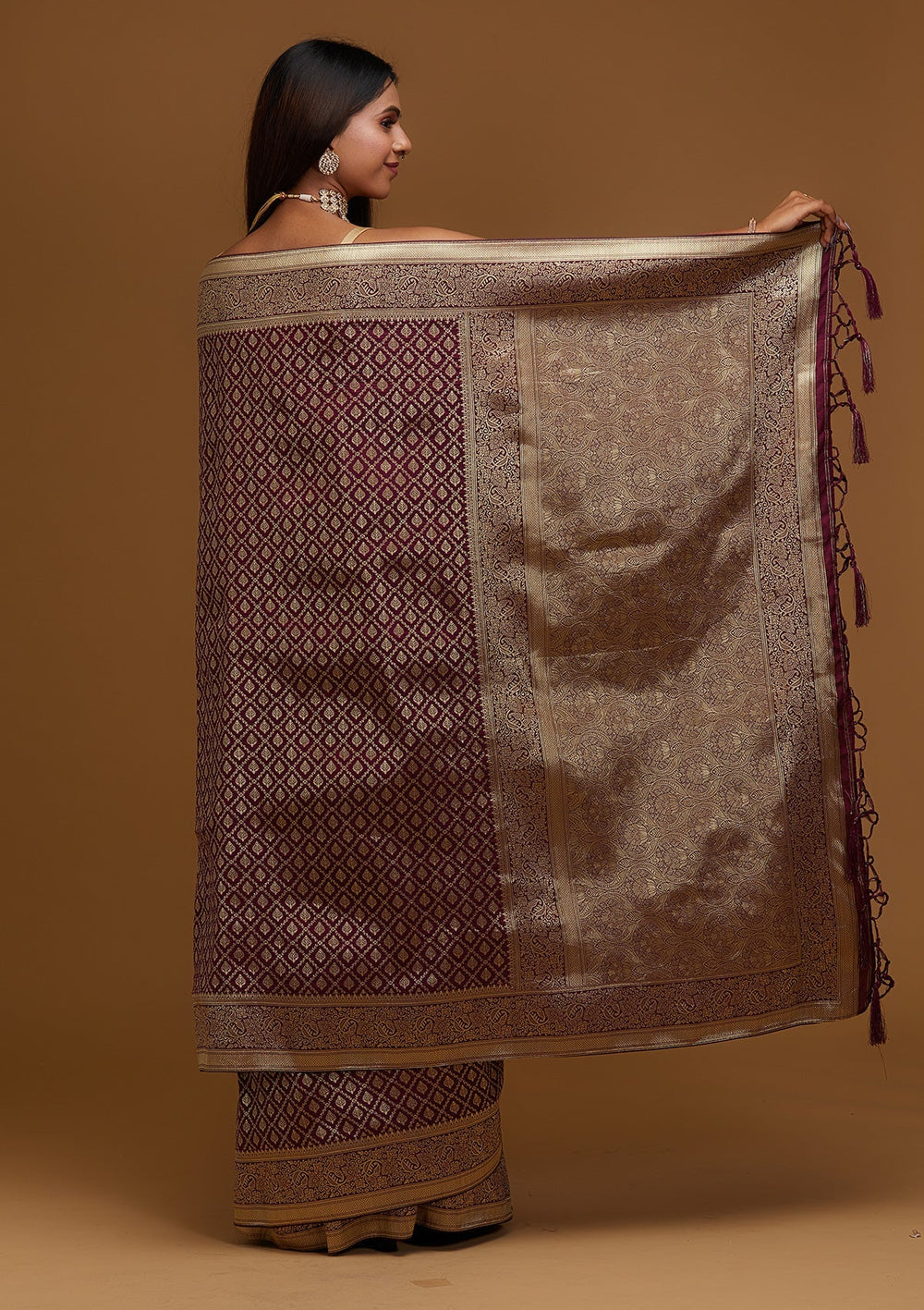 Wine Zariwork Art Silk Designer Saree - Koskii