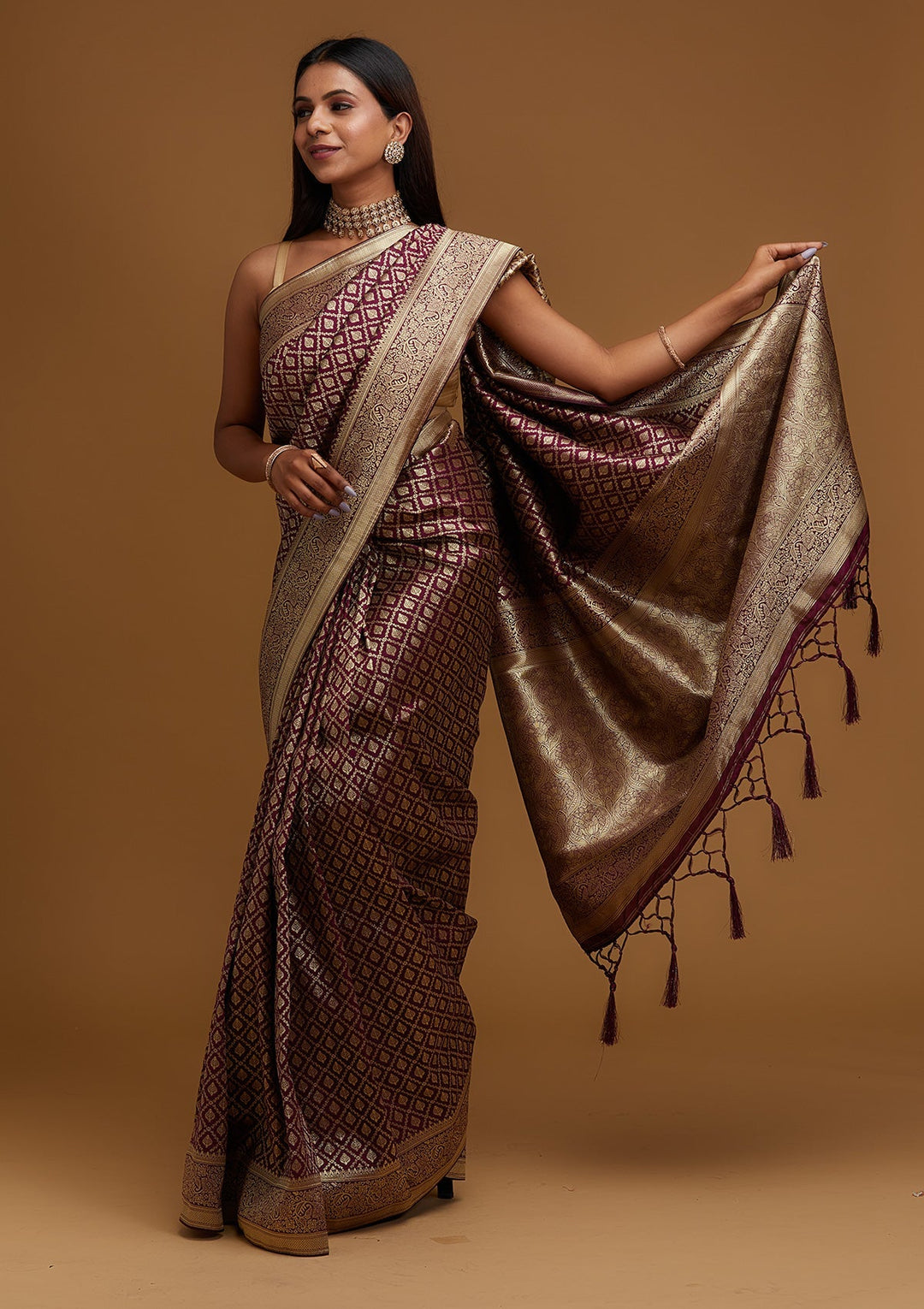 Wine Zariwork Art Silk Designer Saree - Koskii