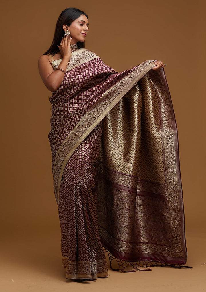 Wine Zariwork Art Silk Designer Saree - Koskii