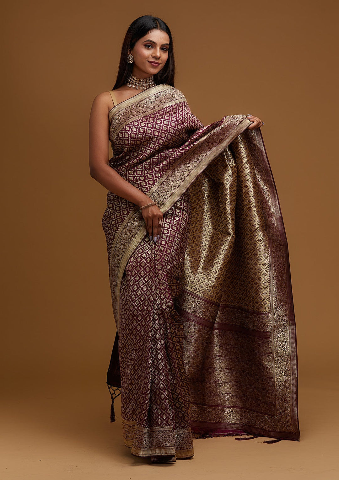 Wine Zariwork Art Silk Designer Saree - Koskii