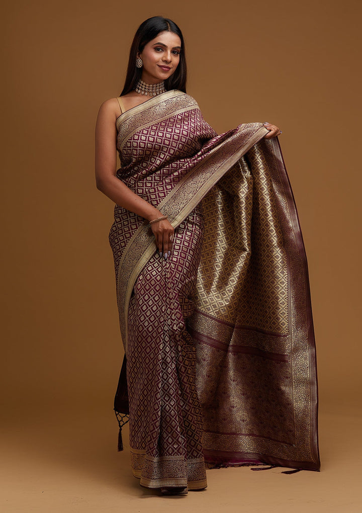 Wine Zariwork Art Silk Designer Saree - Koskii