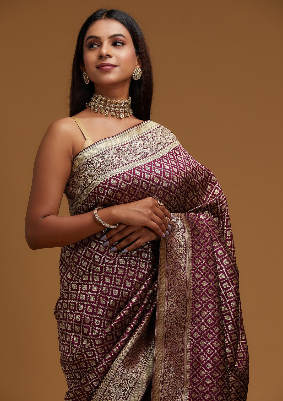 Wine Zariwork Art Silk Designer Saree - Koskii