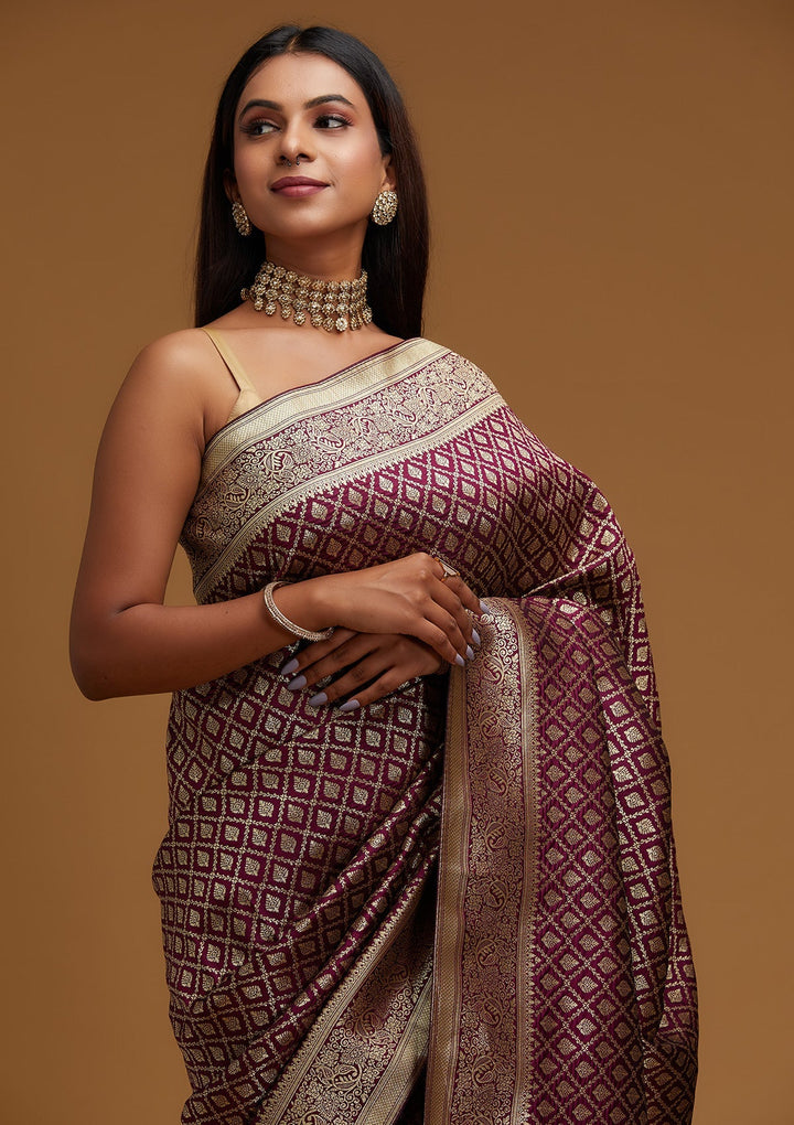 Wine Zariwork Art Silk Designer Saree - Koskii