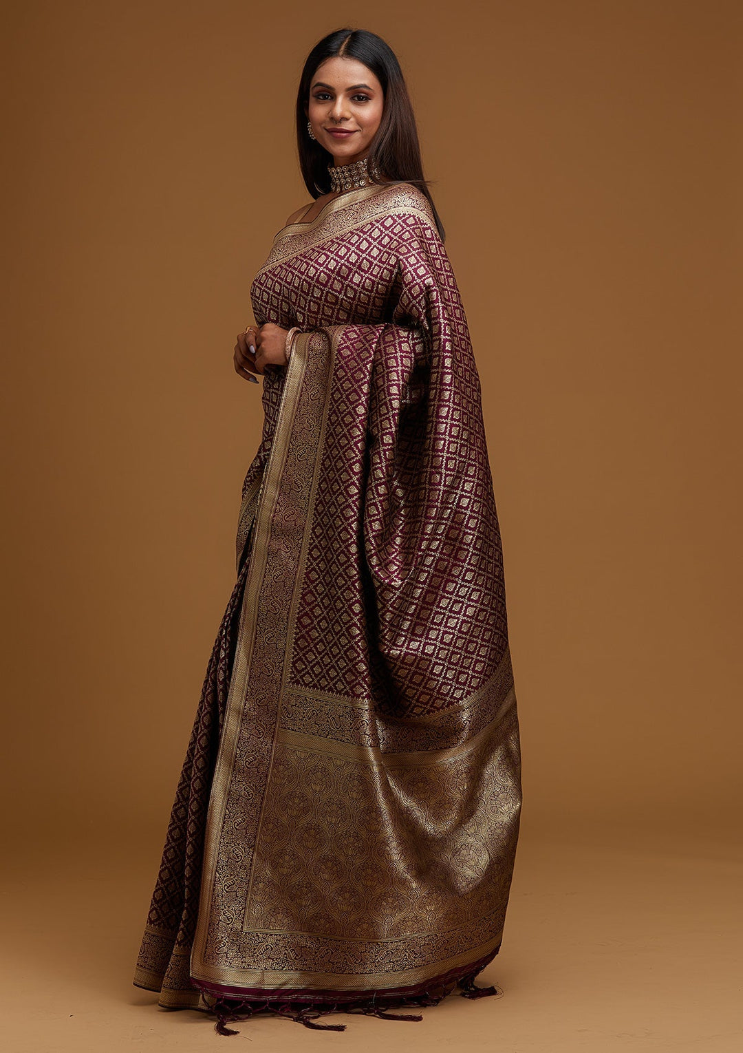 Wine Zariwork Art Silk Designer Saree - Koskii