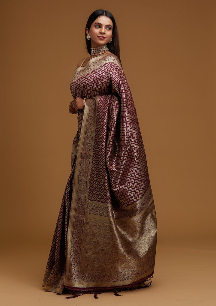 Wine Zariwork Art Silk Designer Saree - Koskii