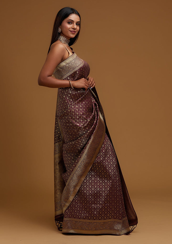 Wine Zariwork Art Silk Designer Saree - Koskii