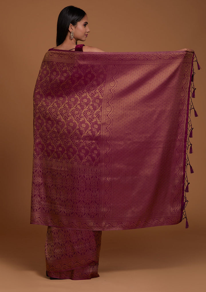 Wine Zariwork Art Silk Saree-Koskii