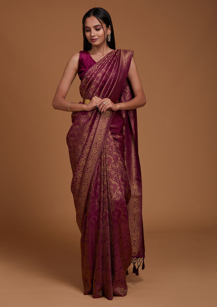 Wine Zariwork Art Silk Saree-Koskii