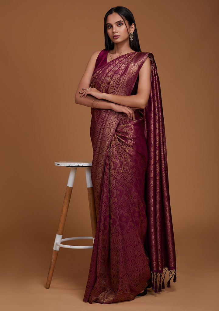 Wine Zariwork Art Silk Saree-Koskii