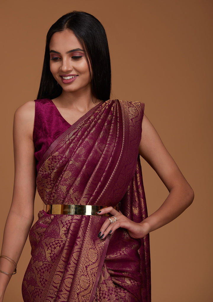 Wine Zariwork Art Silk Saree-Koskii