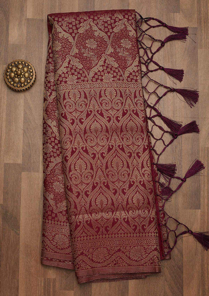 Wine Zariwork Art Silk Saree-Koskii