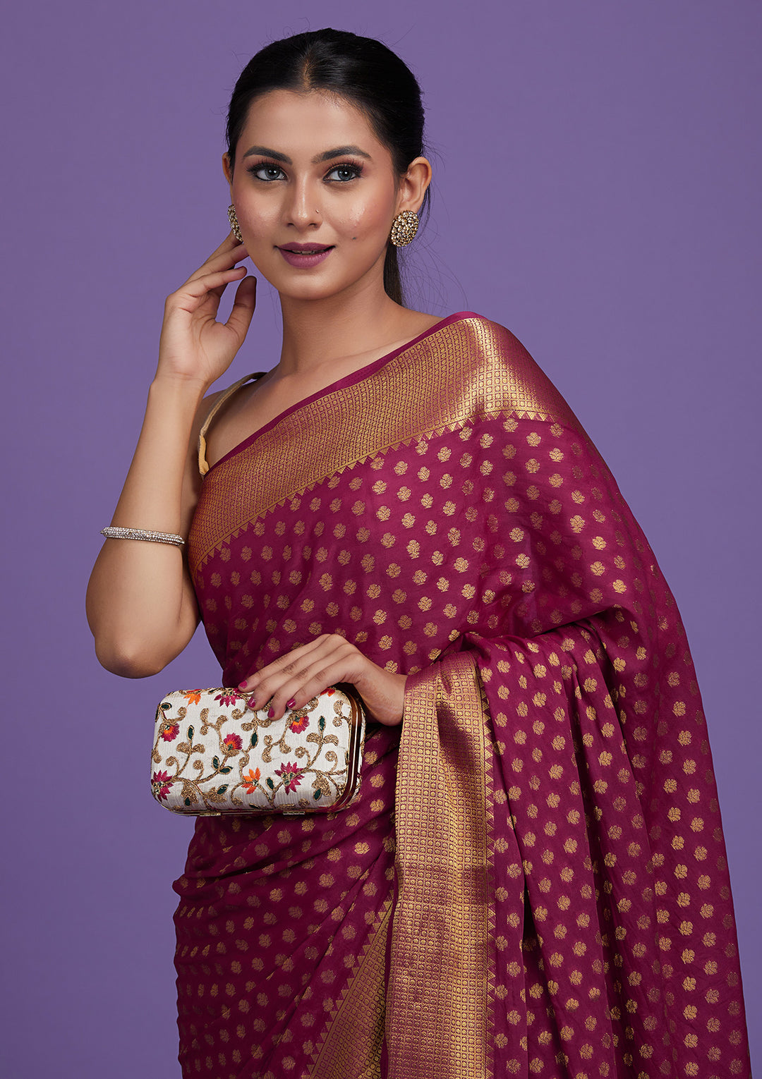 Wine Zariwork Art Silk Saree-Koskii