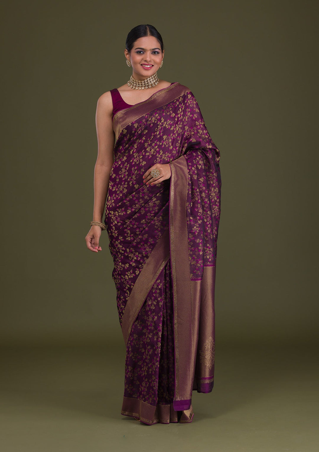 Wine Zariwork Art Silk Saree-Koskii
