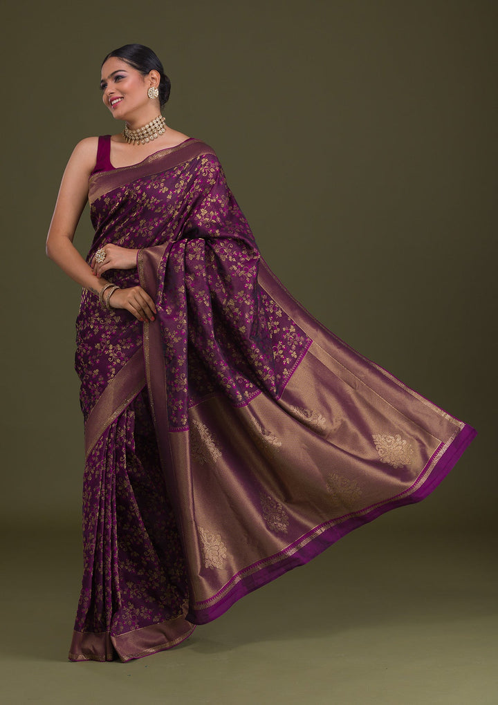 Wine Zariwork Art Silk Unstitched Saree-Koskii