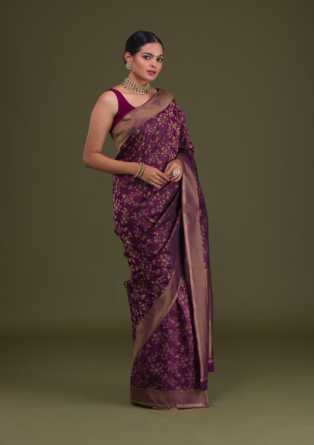 Wine Zariwork Art Silk Unstitched Saree-Koskii