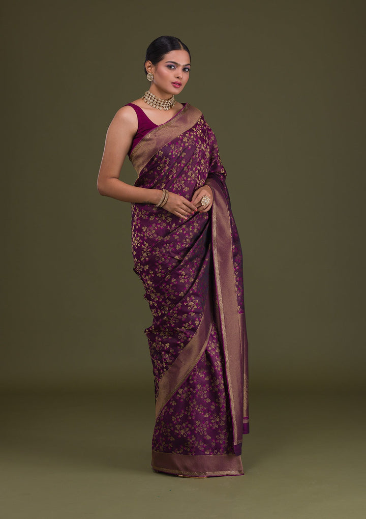 Wine Zariwork Art Silk Unstitched Saree-Koskii