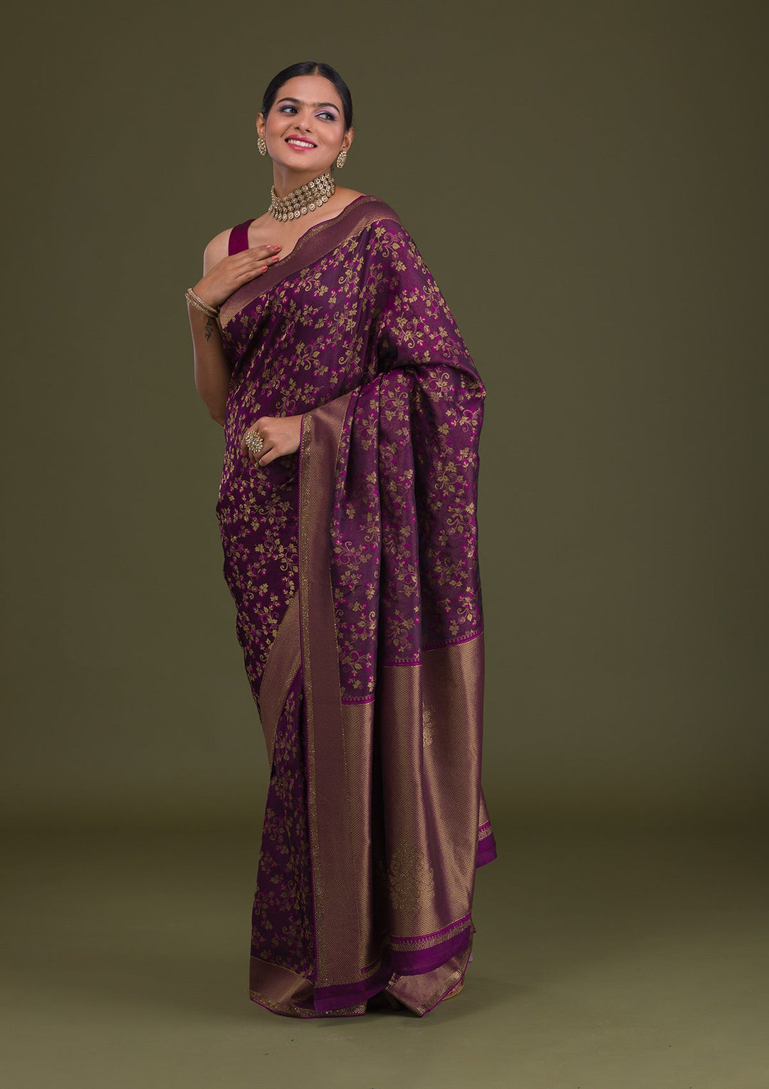 Wine Zariwork Art Silk Unstitched Saree-Koskii