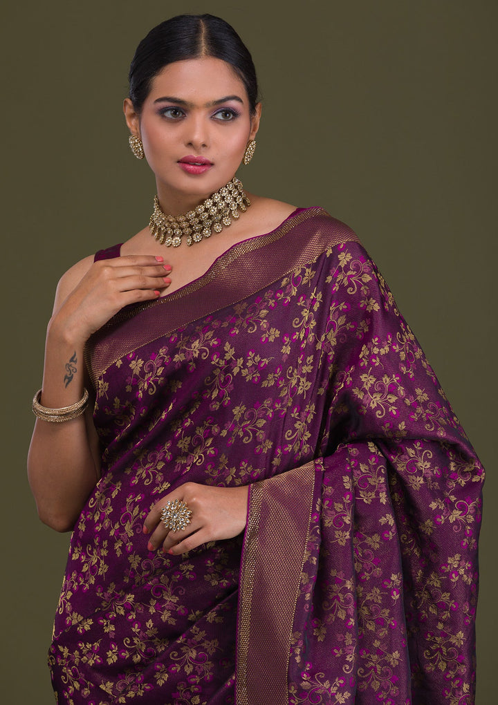 Wine Zariwork Art Silk Unstitched Saree-Koskii